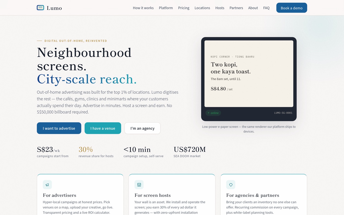 Lumo — Neighbourhood screens. City-scale reach.